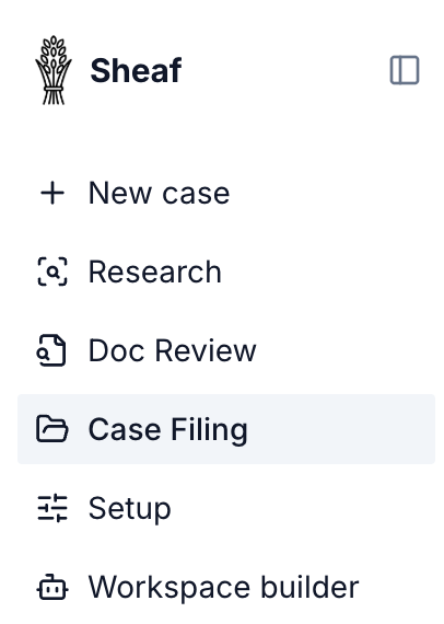 The app drawer, open on a Case Filing page: New case, the four sections and the Workspace builder