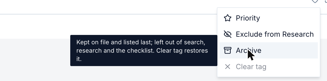 The tag menu, with Archive's explanation on hover